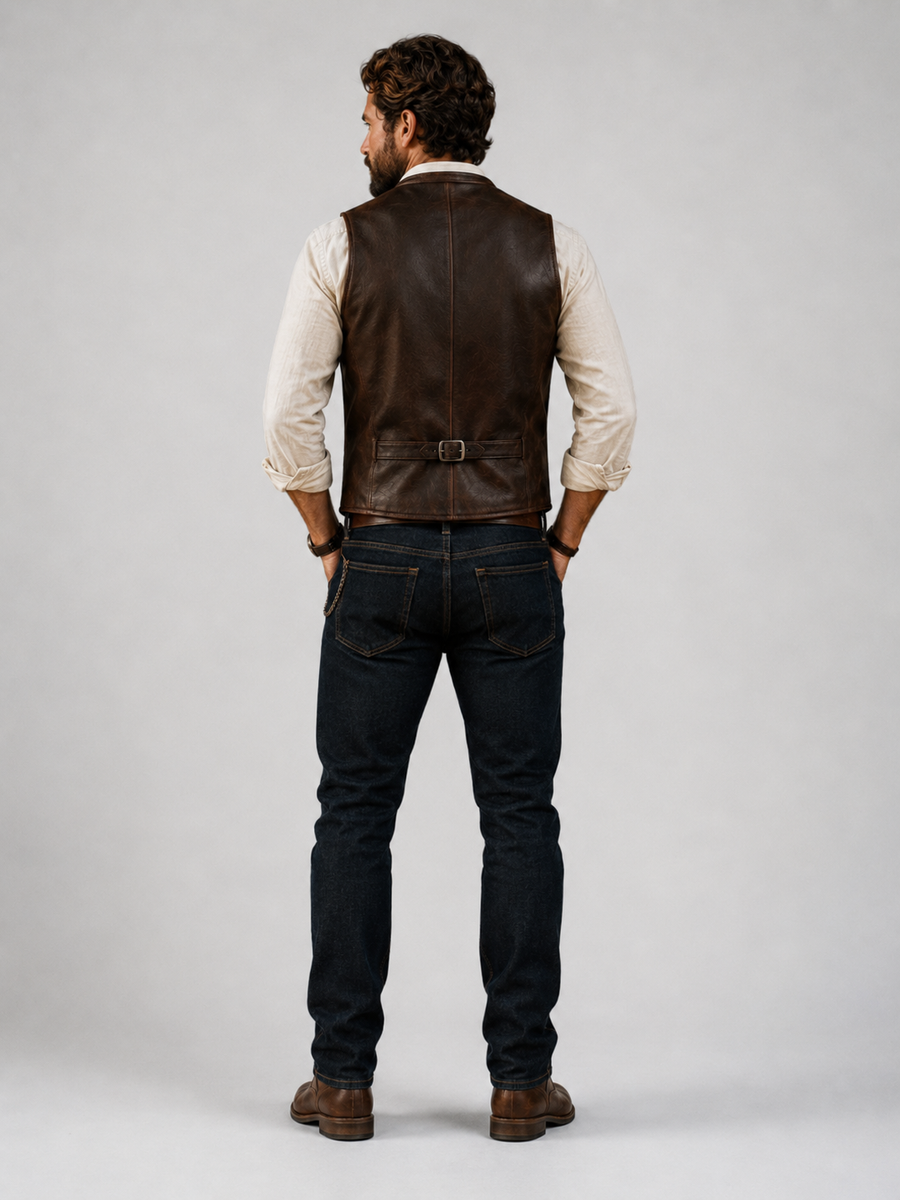 Men's Brown Leather Waistcoat – Back View on Model Showing Adjustable Belt Buckle | Hilda Leather