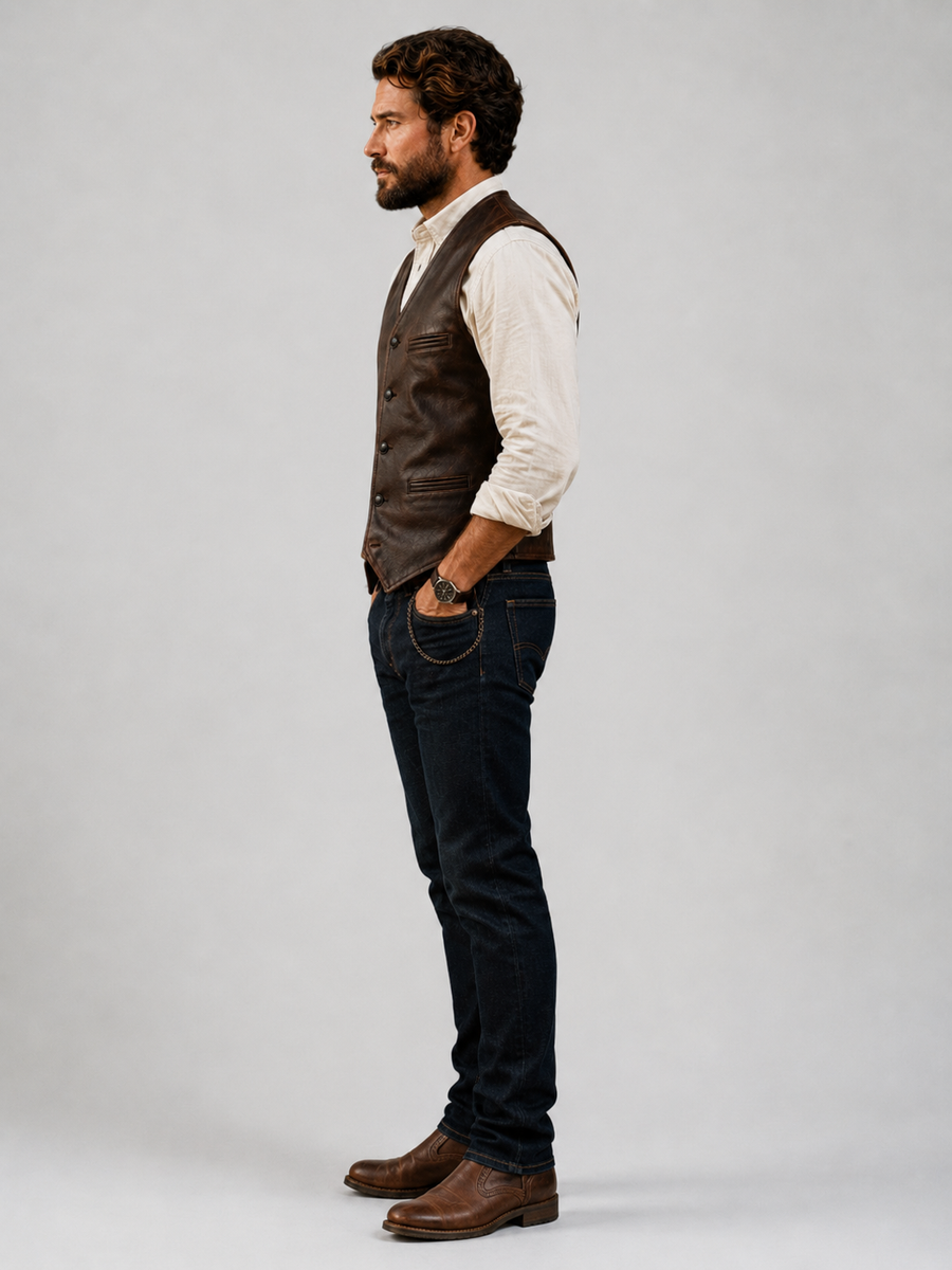 Men's Brown Leather Waistcoat – Side View on Model, Styled with White Shirt and Jeans | Hilda Leather