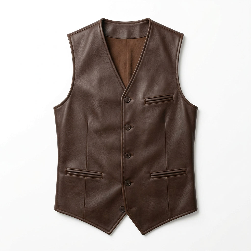 Men's Brown Genuine Leather Waistcoat – Ghost Mannequin Front View with Button Detail | Hilda Leather