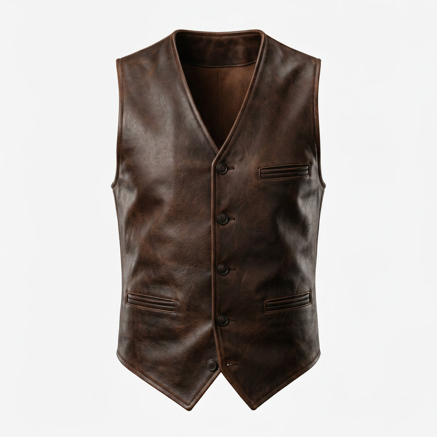 Men's Brown Genuine Leather Waistcoat – Ghost Mannequin Front View with Button Detail | Hilda Leather