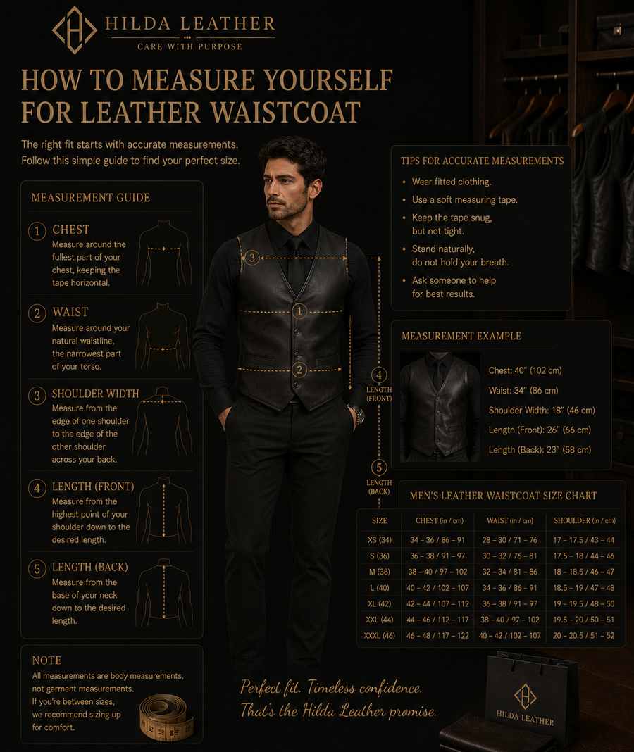 Hilda Leather Men's Leather Waistcoat Size Guide – How to Measure Chest, Waist, Shoulder and Length for Perfect Fit