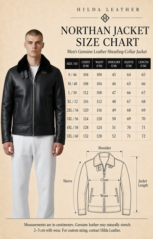 Hilda Leather Northan men's black genuine leather shearling-collar jacket size chart with EU 46–60 and S–5XL measurements.