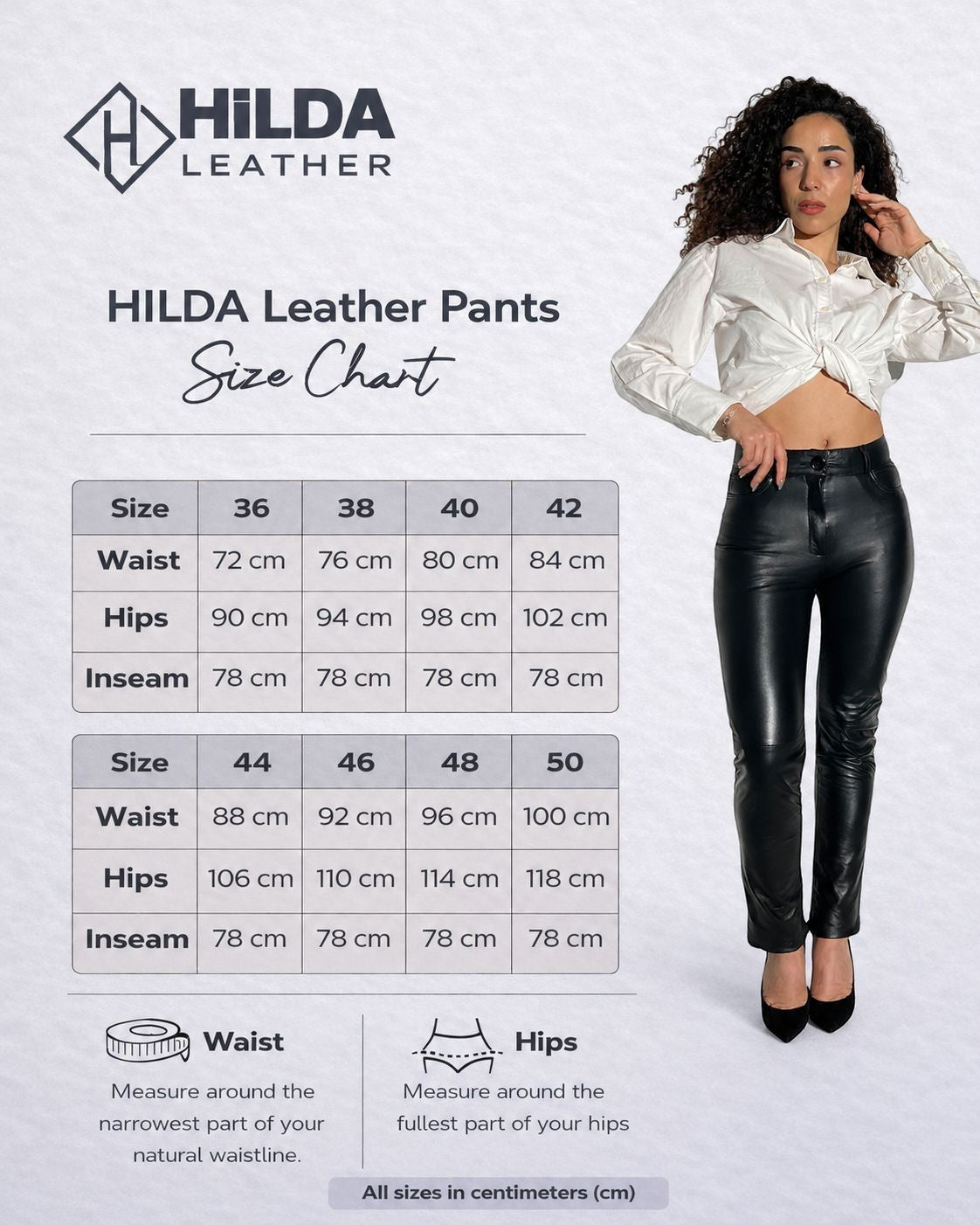 Hilda Leather Aster black lambskin pants size chart with a model wearing the jean-style leather trousers