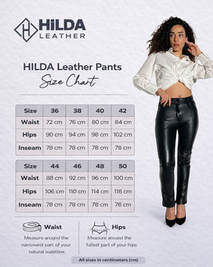 Hilda Leather Aster black lambskin pants size chart with a model wearing the jean-style leather trousers