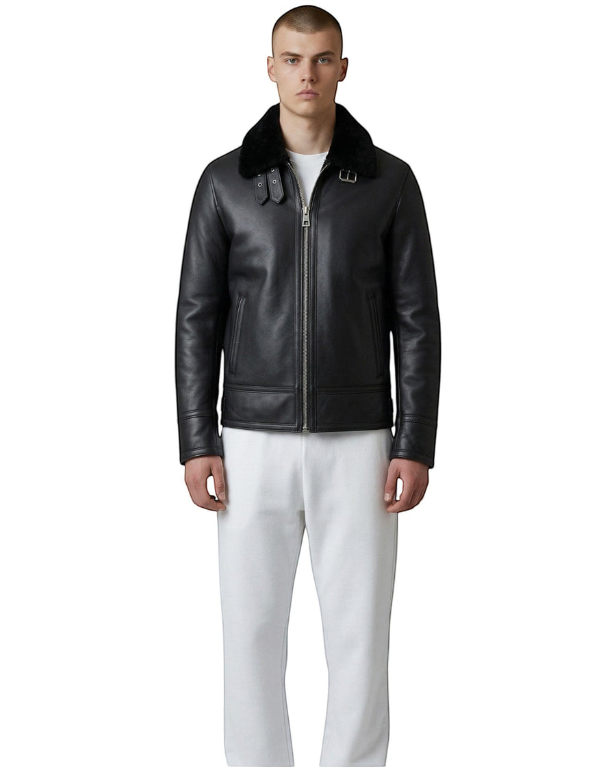 Hilda Leather Siyah Kuzu Shearling Klasik Pilot Ceket, fermuarlı, shearling yakalı ve metal tokalı.