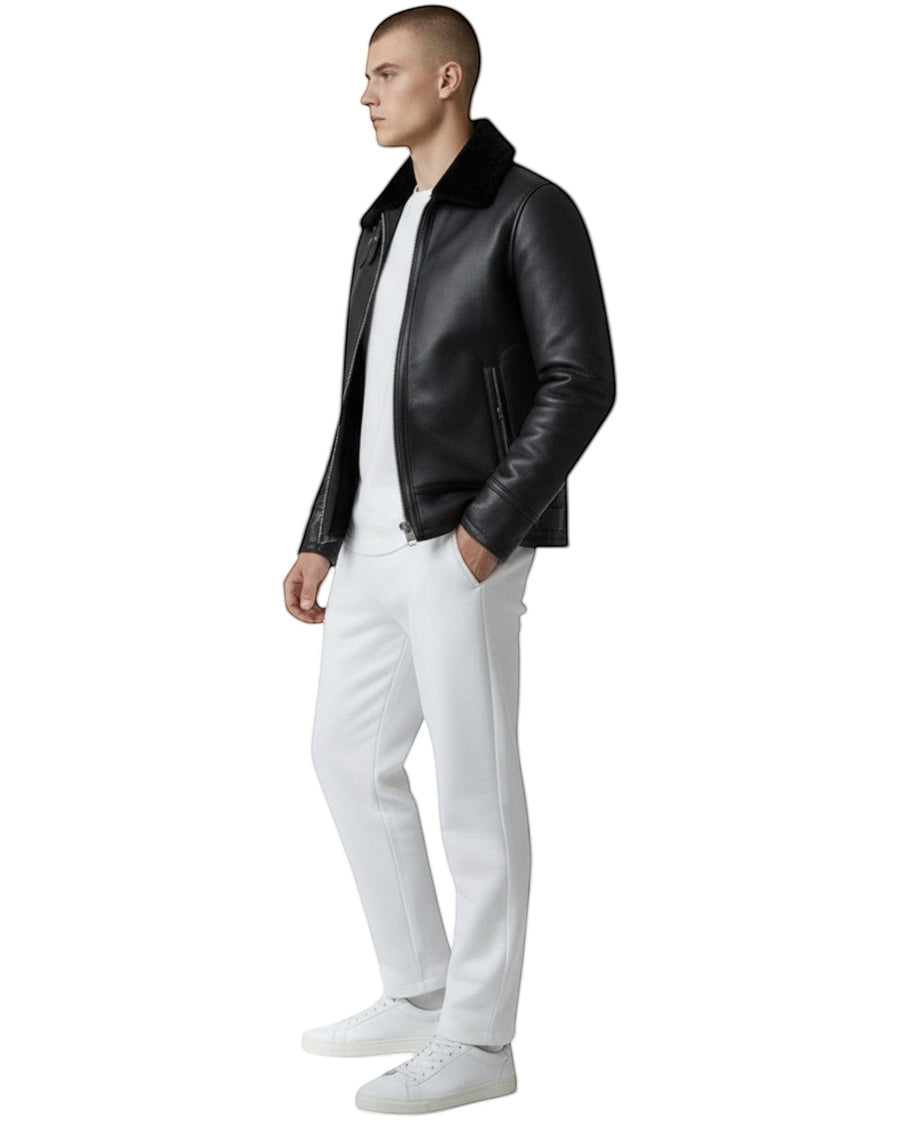 Hilda Leather Siyah Kuzu Shearling Klasik Pilot Ceket, şık bir görünüm için tasarlanmış, rahat shearling yakalı ve metal aksesuarlı.