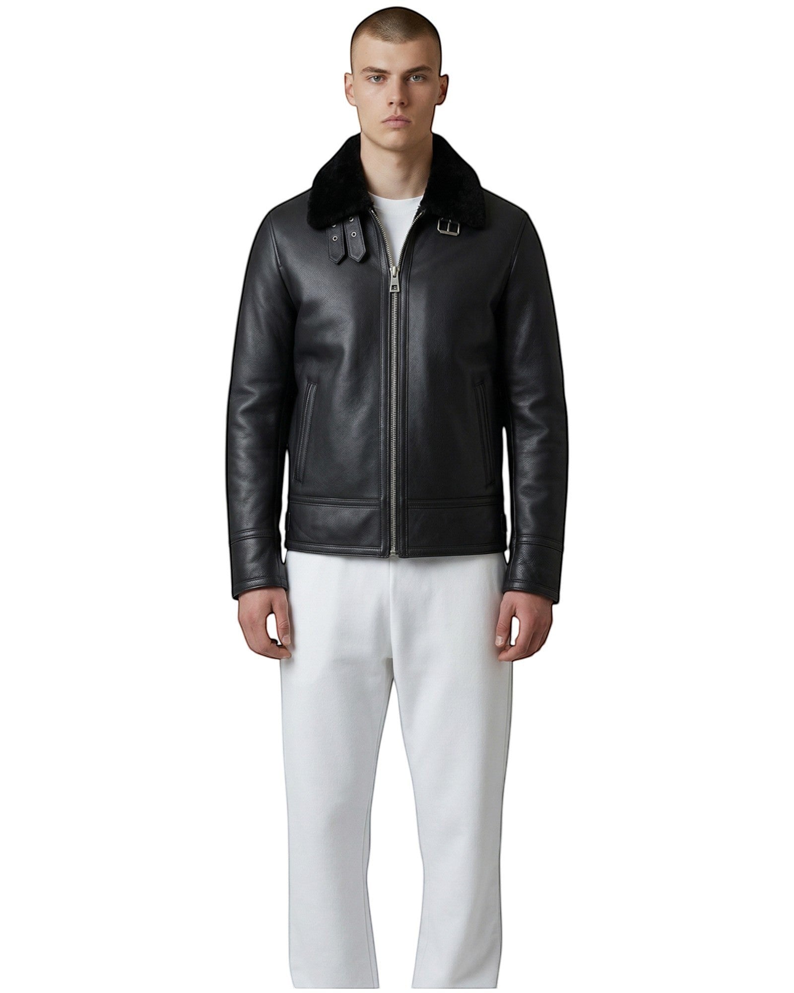 Hilda Leather Siyah Kuzu Shearling Klasik Pilot Ceket, fermuarlı, tokalı ve kürk yakalı.