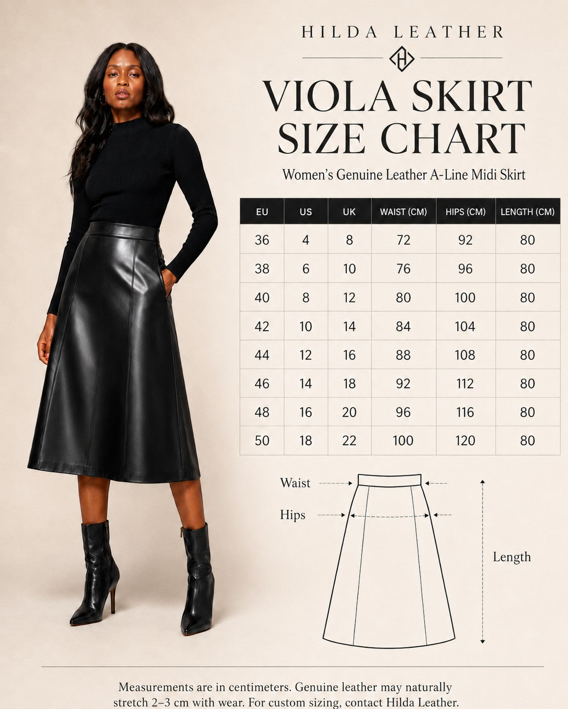 Hilda Leather Viola Skirt Size Chart poster featuring a model wearing a black leather A-line midi skirt, a black top, and black boots, alongside a size measurement table and a simple line drawing of the skirt with waist and hips marked.