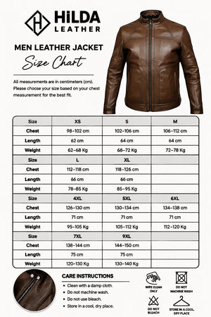 Hilda Leather Thor brown genuine napa lambskin sport jacket with stand-up collar and size chart guide