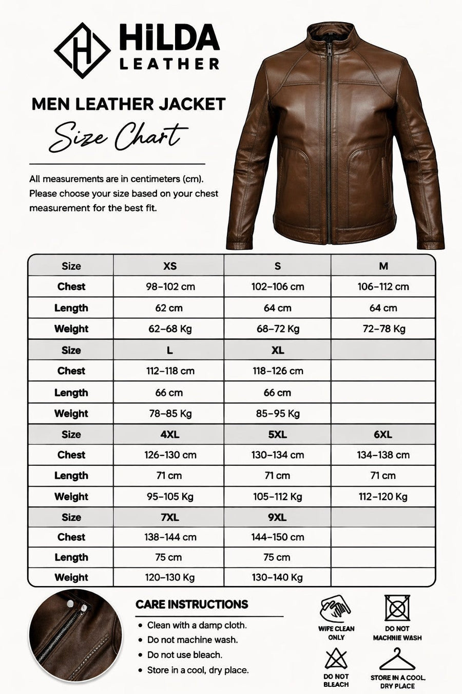 Hilda Leather Thor brown genuine napa lambskin sport jacket with stand-up collar and size chart guide