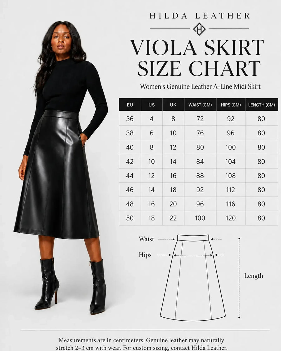 Hilda Leather Viola black lambskin leather A-line midi skirt size chart with model wearing the skirt and boots