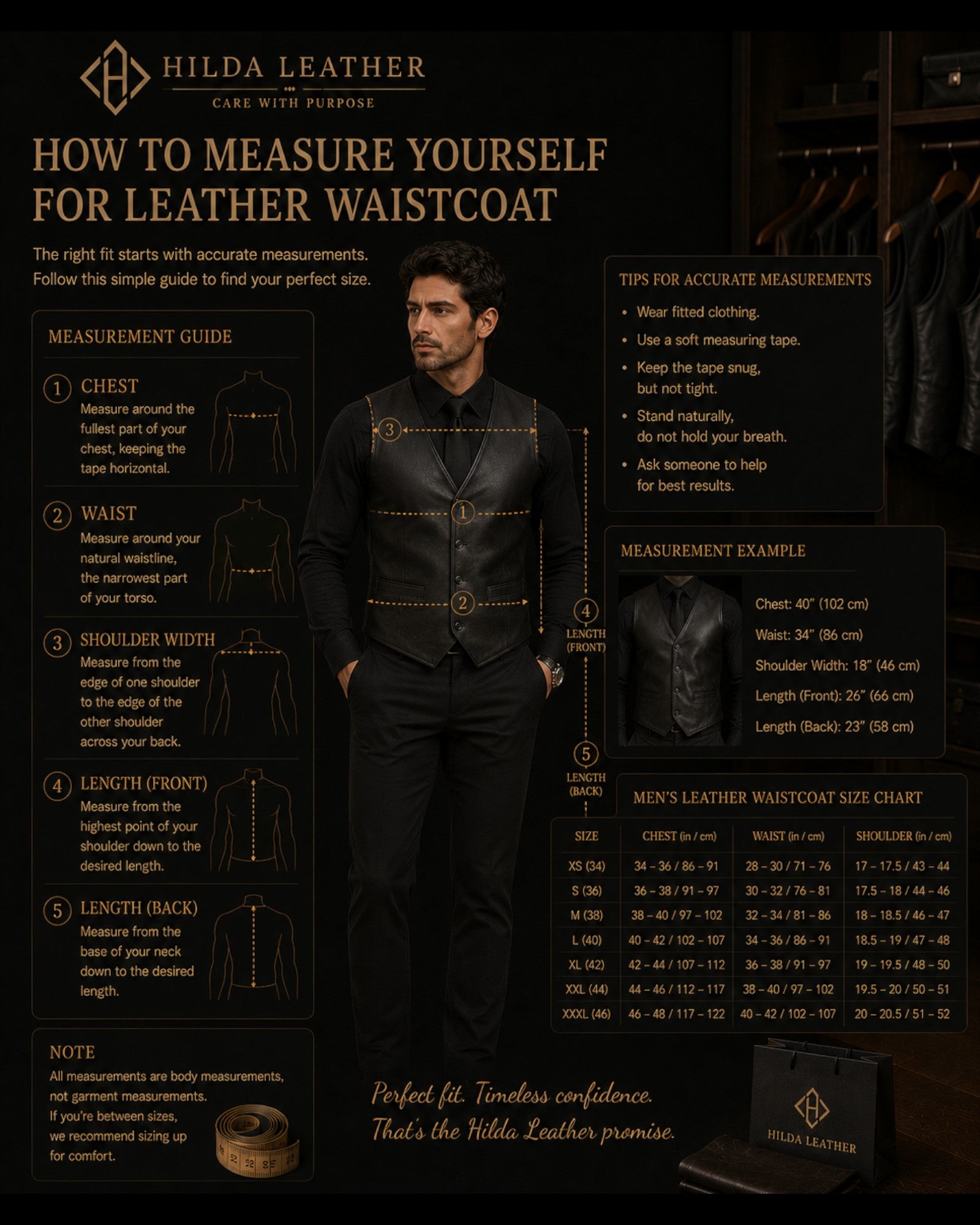 Hilda Leather size guide infographic for men's black lambskin leather waistcoat featuring measurement instructions