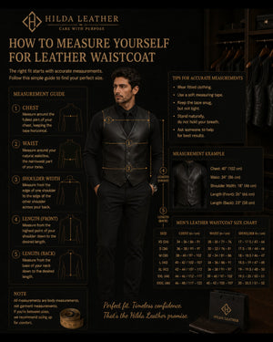 Hilda Leather size guide infographic for men's black lambskin leather waistcoat featuring measurement instructions