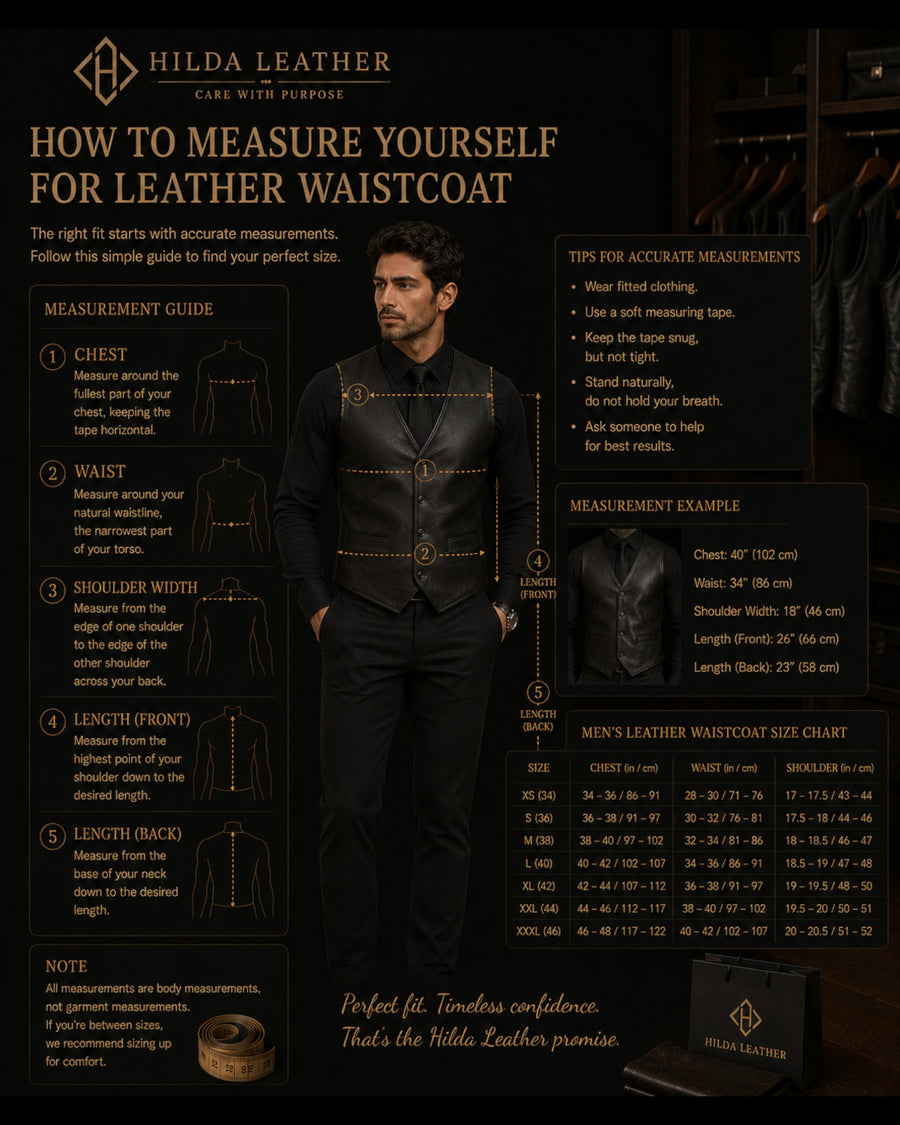Hilda Leather size guide infographic for men's black lambskin leather waistcoat featuring measurement instructions