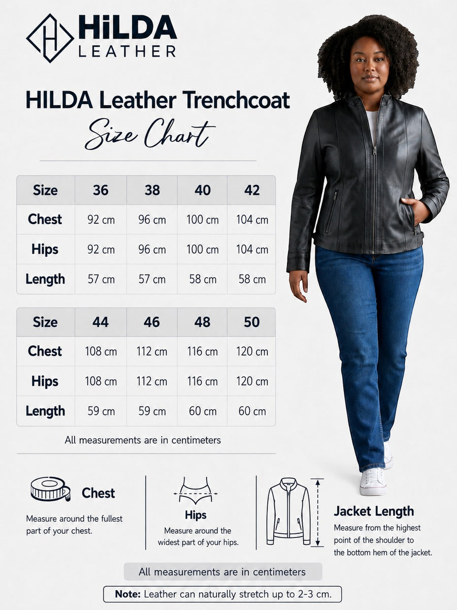 Hilda Leather women's black lambskin jacket size chart with model wearing the Kylee stand collar leather jacket
