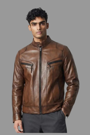 Men's brown genuine leather sport jacket Metin2 – front view, slim fit, stand collar – Hilda Leather