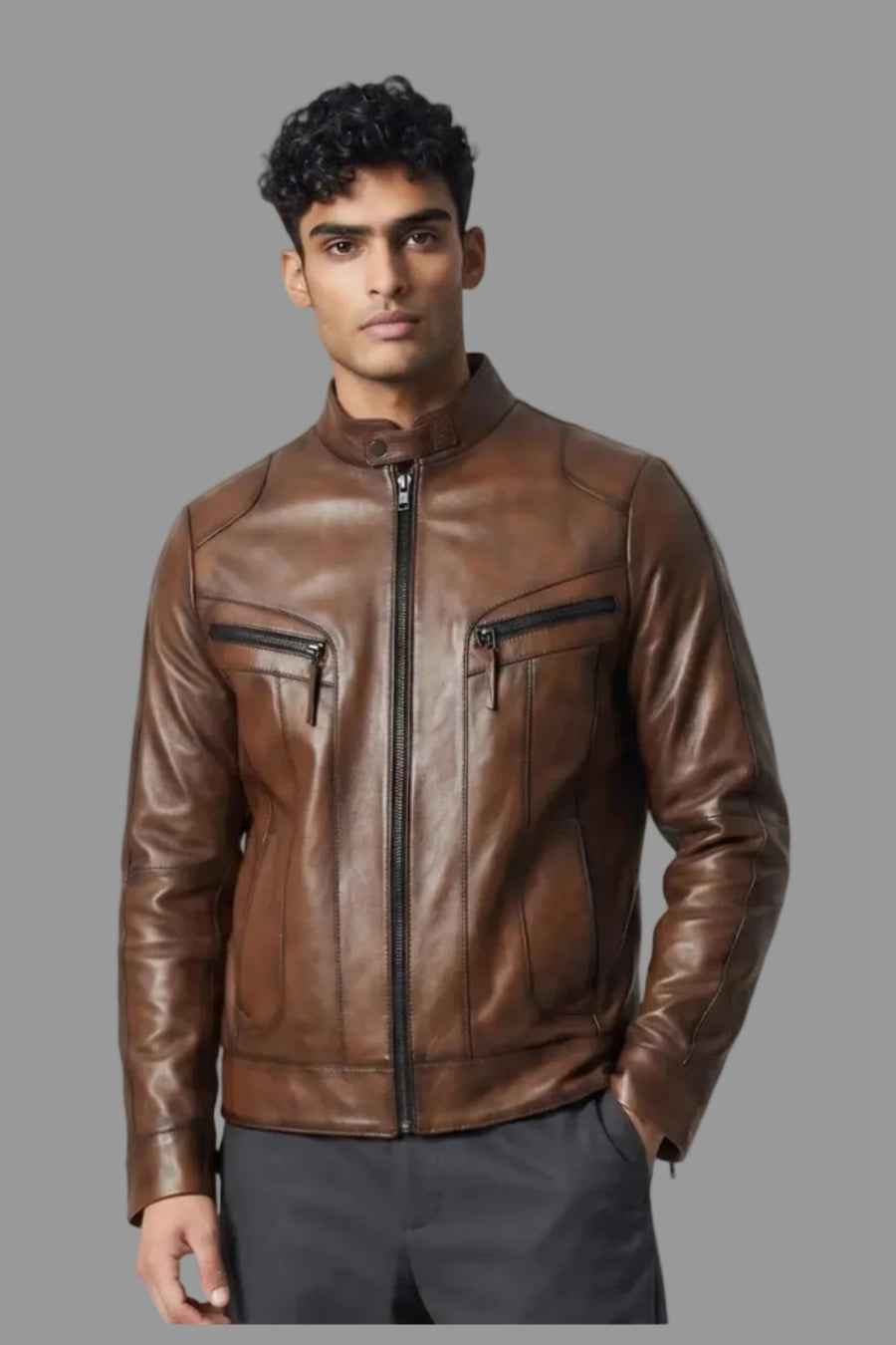 Men's brown genuine leather sport jacket Metin2 – front view, slim fit, stand collar – Hilda Leather
