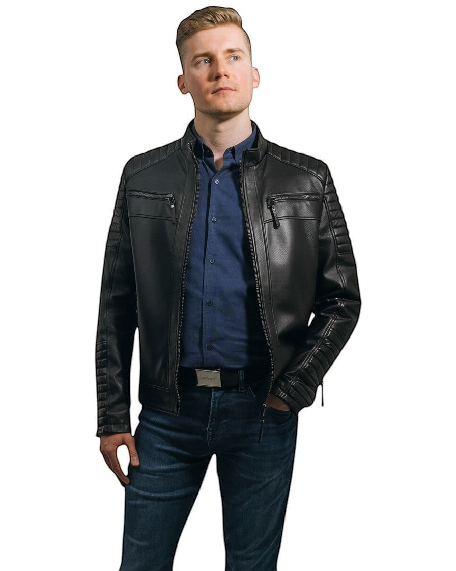 Black Genuine Leather Plus Size Men's Jacket With Quilted Details On Sholder and Sleewes Brad.