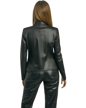 Black Genuine Leather Women's Jacket Magnet Collar Detailed Love.