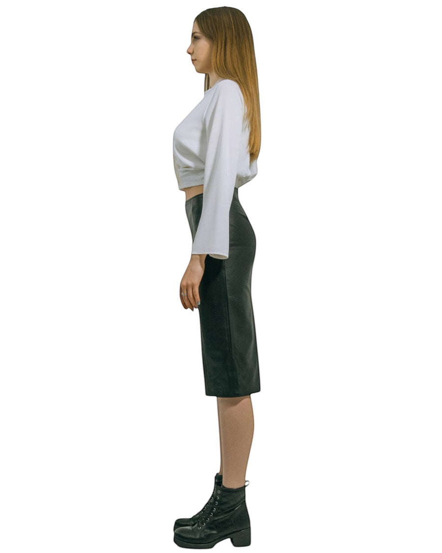 Hilda Leather black genuine lamb leather pencil skirt with back zipper and slit, lycra lining.
