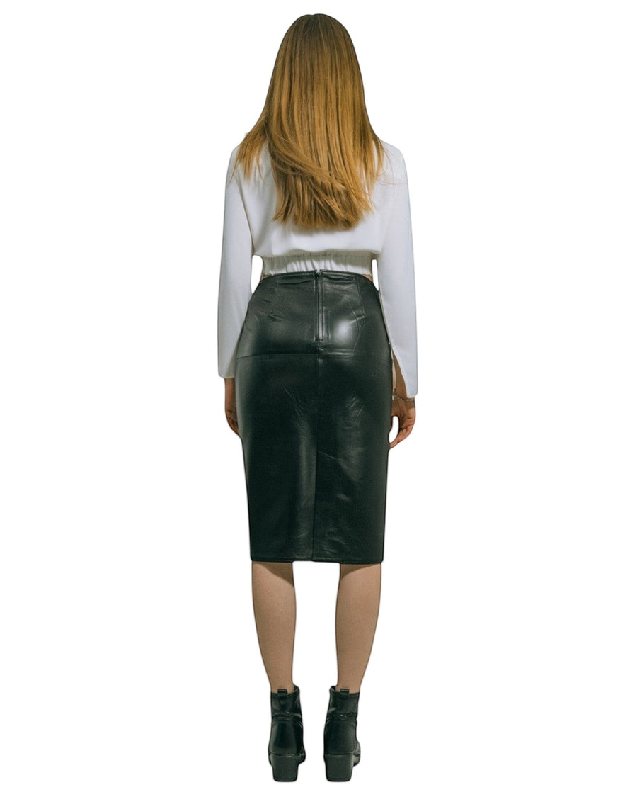 Hilda Leather black genuine lamb leather pencil skirt with back zipper and slit. Lycra lining.