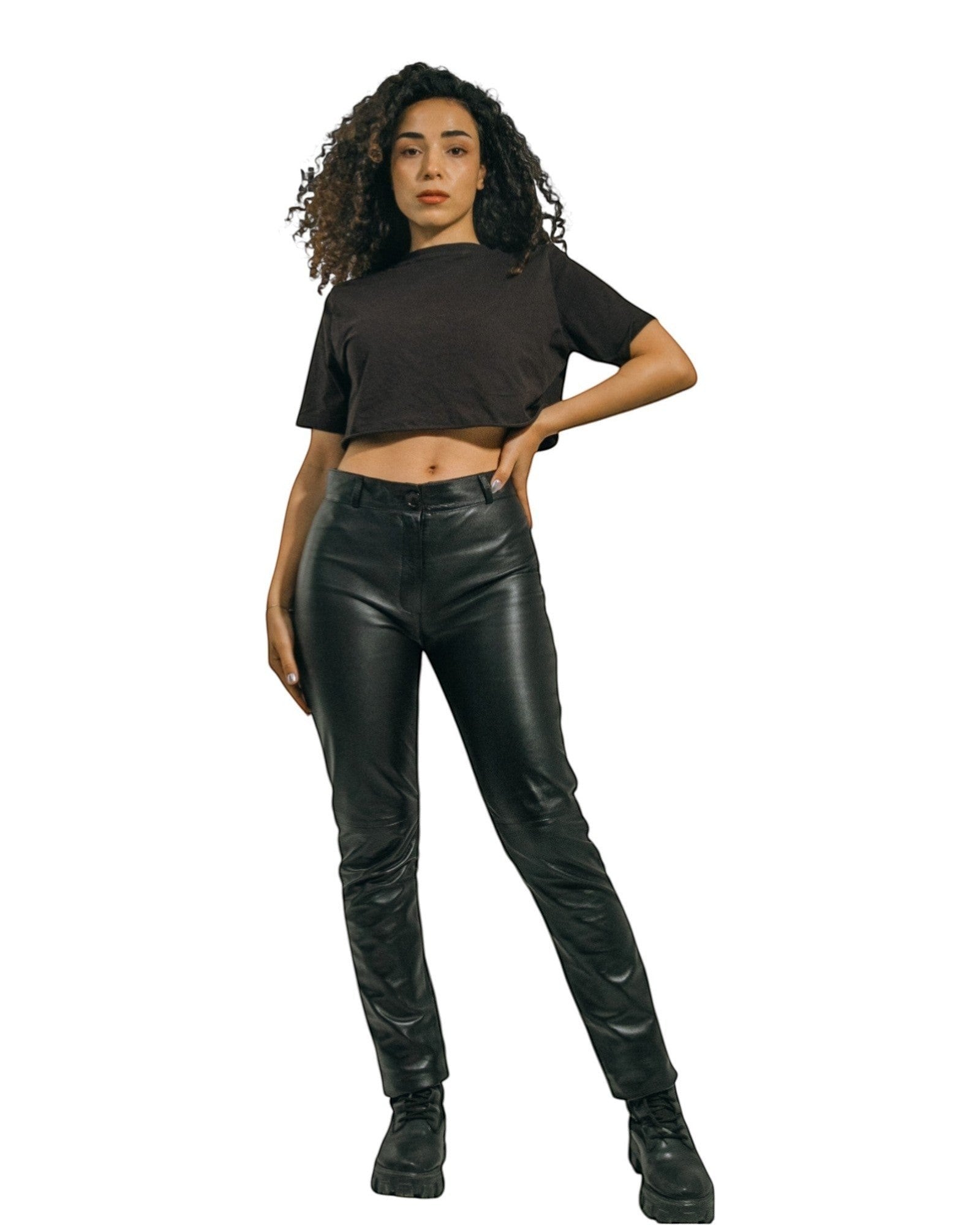 Hilda Leather black genuine lambskin leather pants for women, slim fit, front zip, no pockets, classic style.