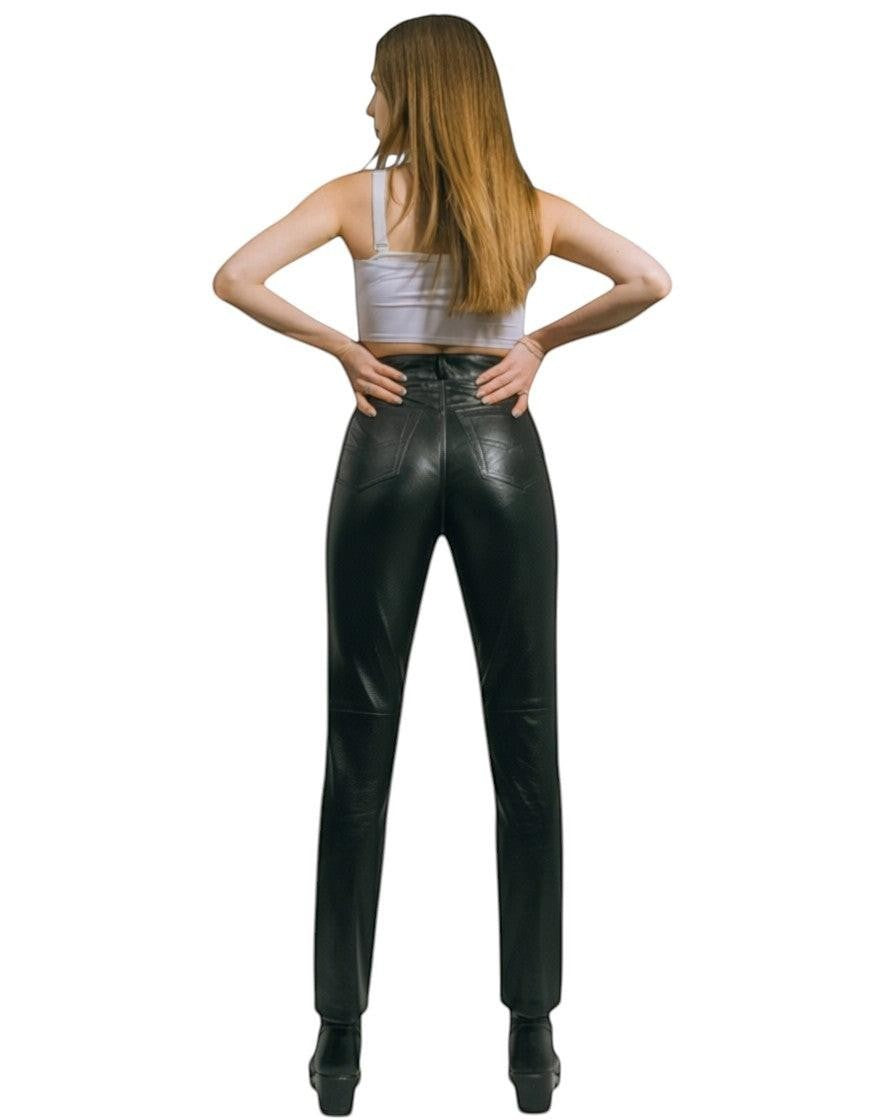 Genuine Leather Pants for Women Classic Jean Style 5 Pockets Trousers Vintage Black Lambskin Aster.