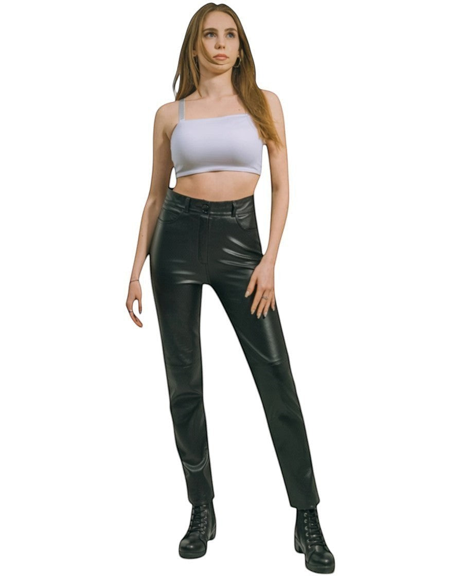Genuine Leather Pants for Women Classic Jean Style 5 Pockets Trousers Vintage Black Lambskin Aster.