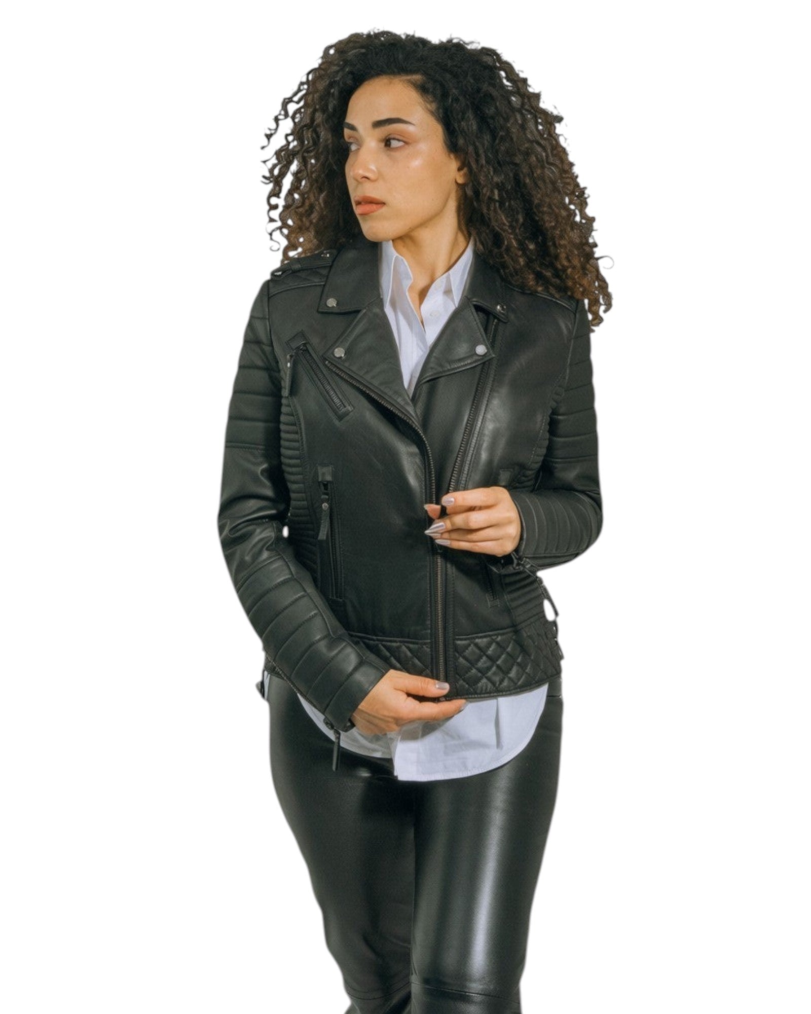Women's Quilted Black Genuine Leather Biker Jacket Venice.