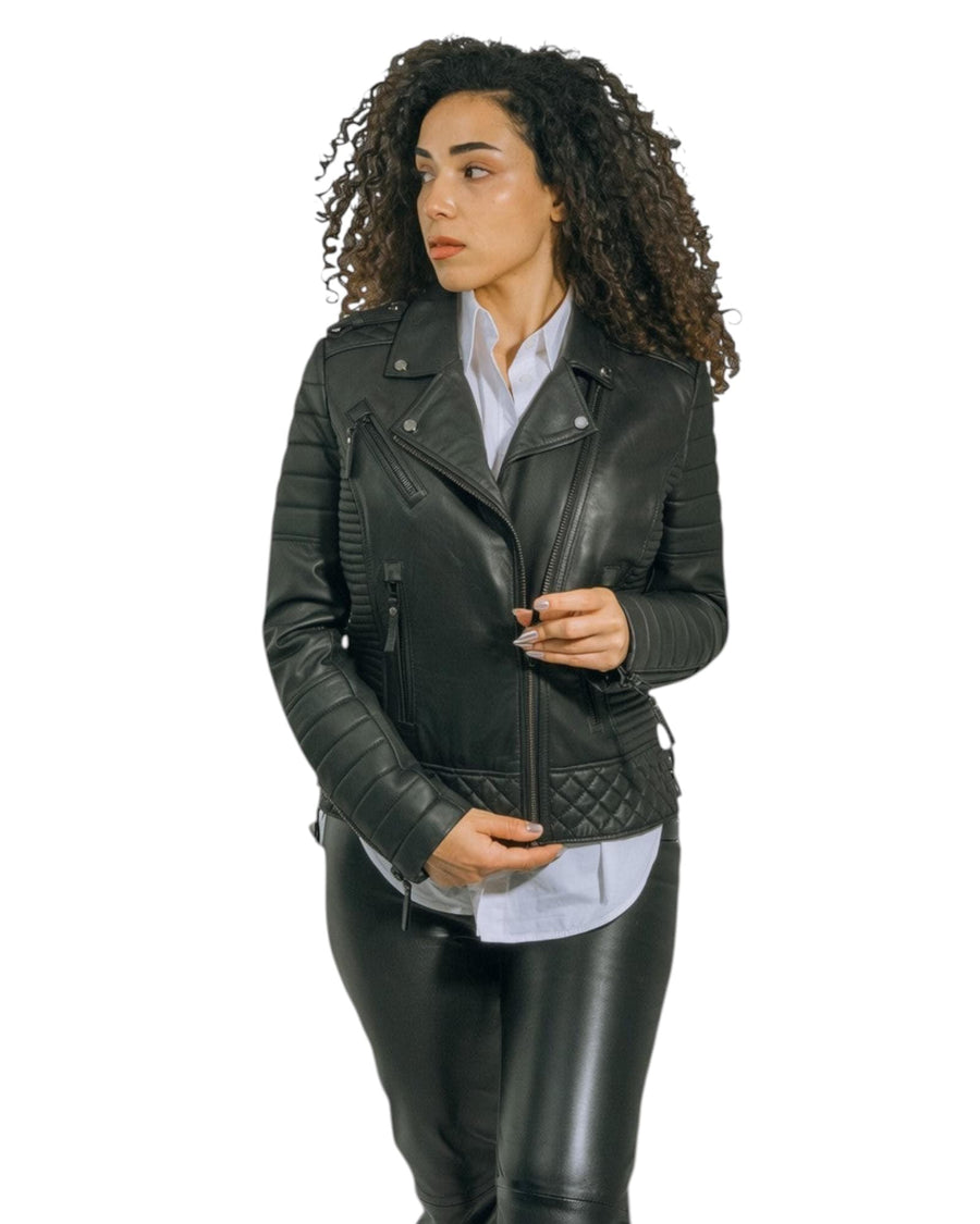 Hilda Leather Venice jacket — close-up of quilted shoulder and body panels