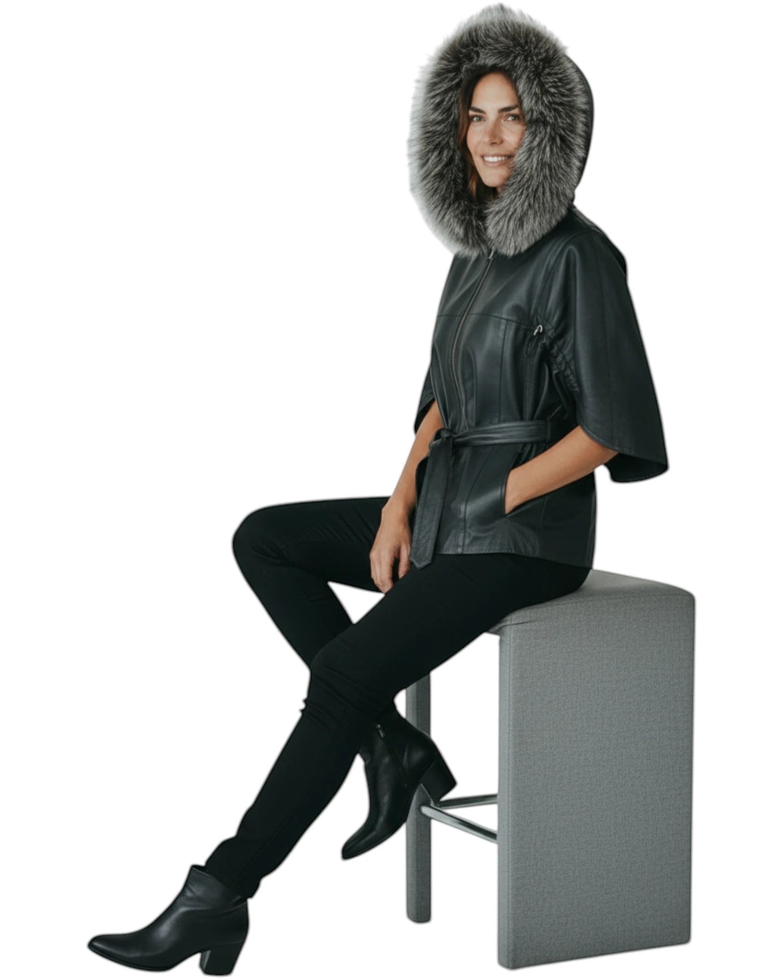 Hilda Leather black leather jacket with faux fur trimmed hood and tie waist, three-quarter sleeves.