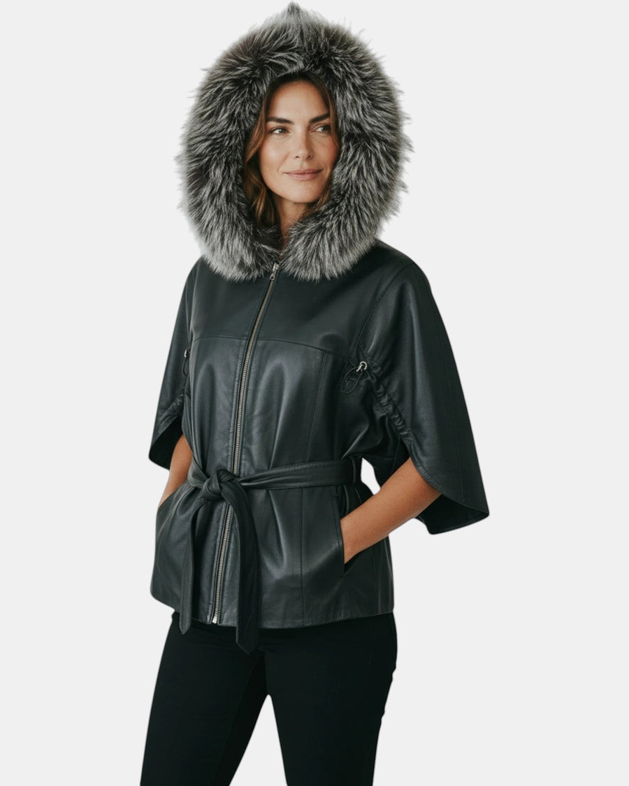 Symrna Women's Black Genuine Leather Jacket with Fur-Trimmed Hood – Cape Sleeve Detail – Hilda Leather Antalya Turkey