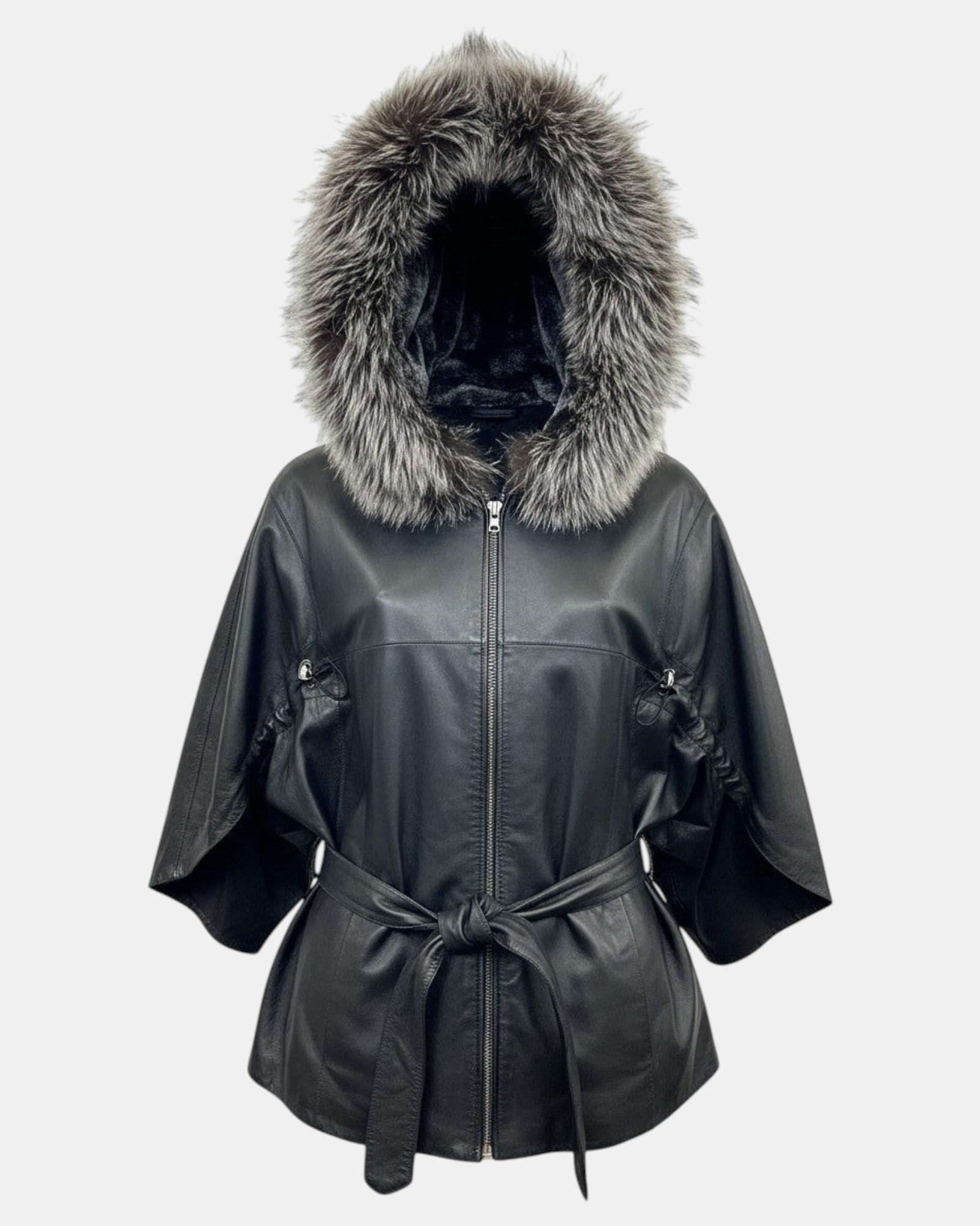 Symrna Women's Black Genuine Leather Jacket with Fur-Trimmed Hood – Ghost Mannequin View – Hilda Leather Antalya Turkey
