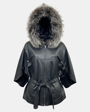 Symrna Women's Black Genuine Leather Jacket with Fur-Trimmed Hood – Ghost Mannequin View – Hilda Leather Antalya Turkey