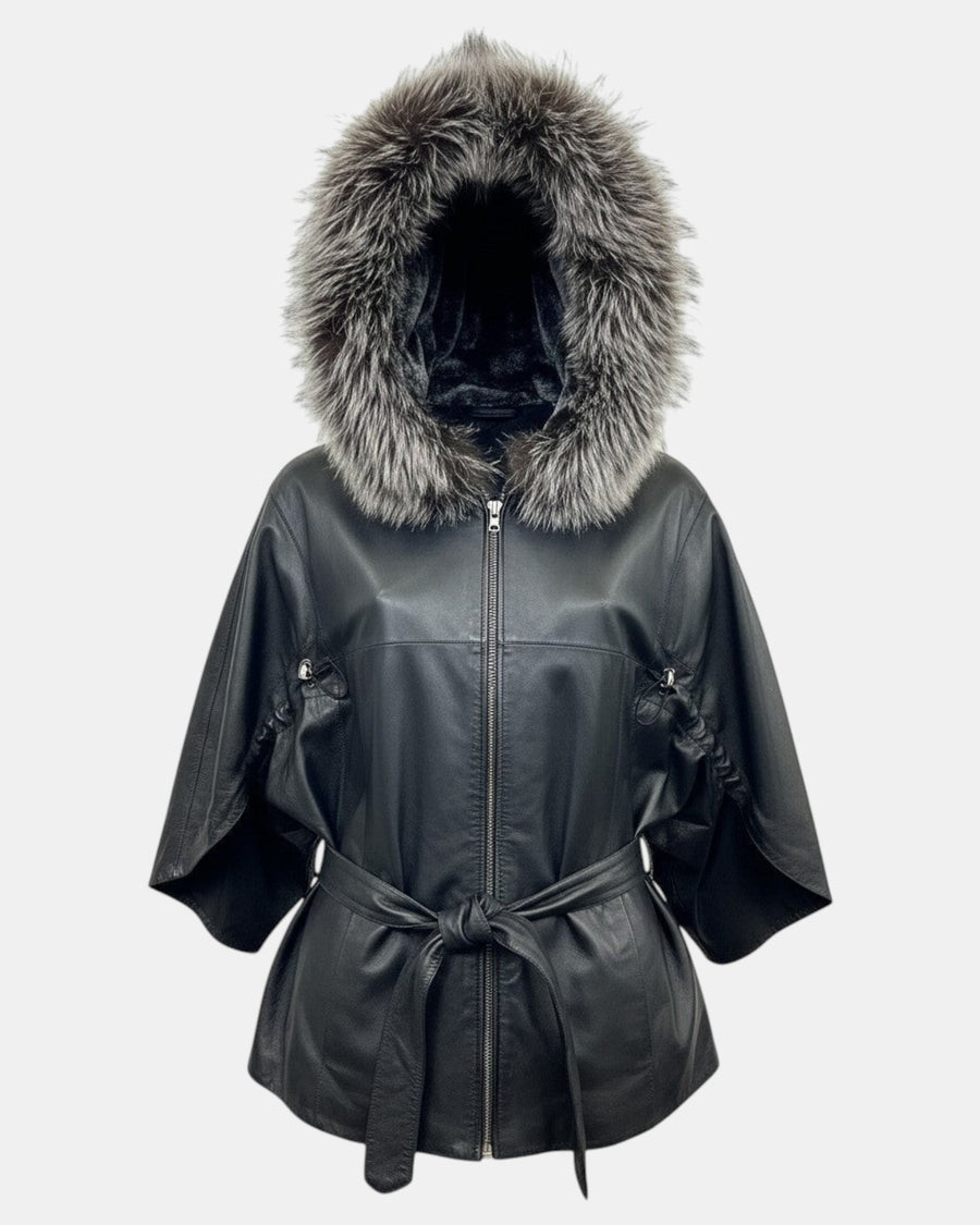 Symrna Women's Black Genuine Leather Jacket with Fur-Trimmed Hood – Ghost Mannequin View – Hilda Leather Antalya Turkey