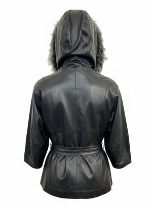 Hilda Leather black leather jacket with faux fur trimmed hood and tie waist, three-quarter sleeves.