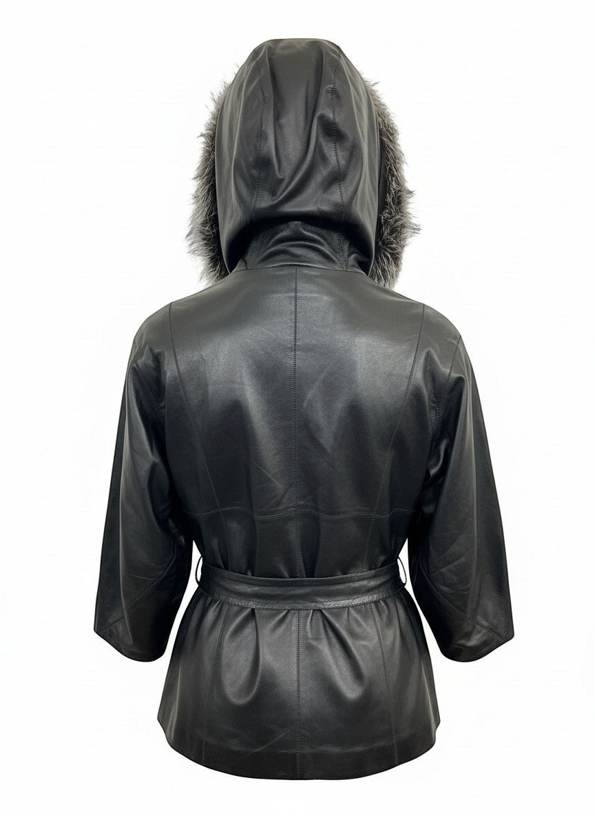 Hilda Leather black leather jacket with faux fur trimmed hood and tie waist, three-quarter sleeves.