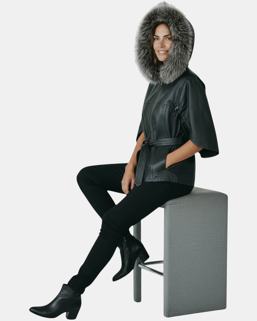 Symrna Women's Black Genuine Leather Jacket with Fur-Trimmed Hood – Hood Close-Up Detail – Hilda Leather Antalya Turkey
