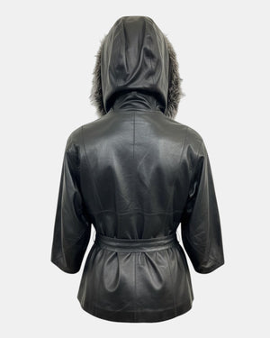 Symrna Women's Black Genuine Leather Jacket with Fur-Trimmed Hood – Full Length Back View – Hilda Leather Antalya Turkey