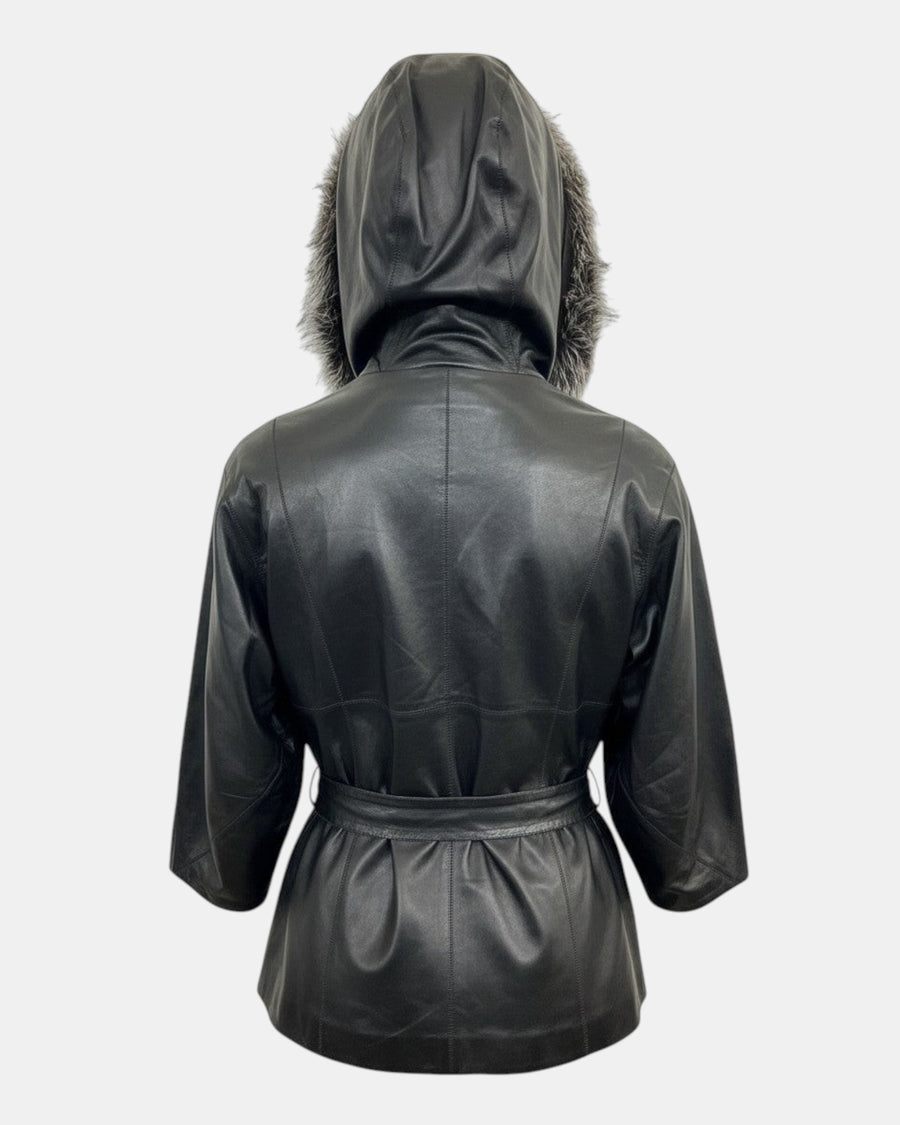 Symrna Women's Black Genuine Leather Jacket with Fur-Trimmed Hood – Full Length Back View – Hilda Leather Antalya Turkey