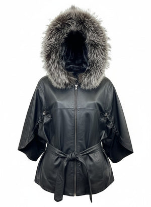 Hilda Leather black leather jacket with faux fur trimmed hood and tie waist. Three-quarter sleeves.