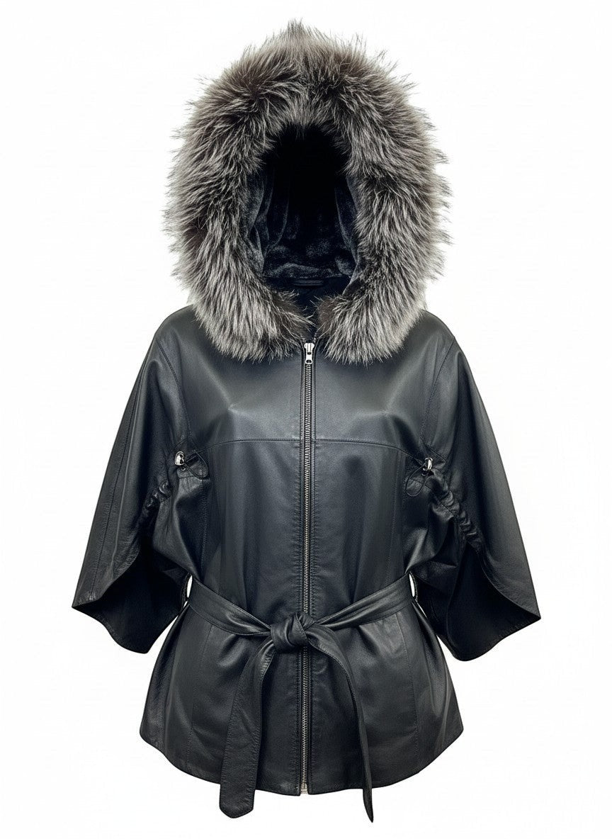 Hilda Leather black leather jacket with faux fur trimmed hood and tie waist. Three-quarter sleeves.