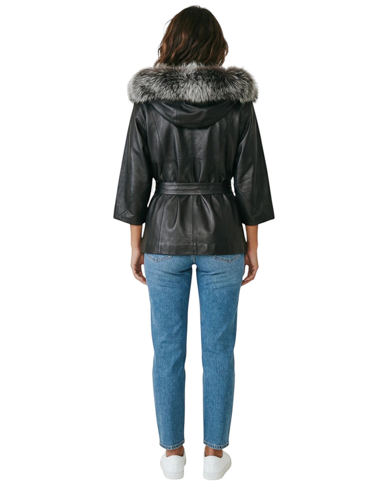 Hilda Leather black leather jacket with faux fur trimmed hood and tie waist, three-quarter sleeves.