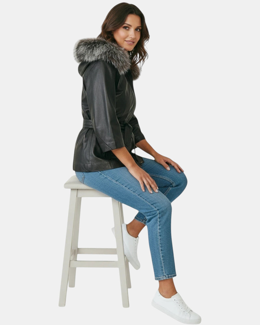 Symrna Women's Black Genuine Leather Jacket with Fur-Trimmed Hood – Three-Quarter View – Hilda Leather Antalya Turkey