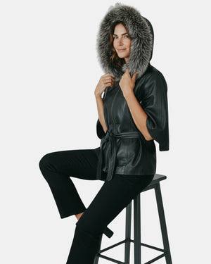 Symrna Women's Black Genuine Leather Jacket with Fur-Trimmed Hood – Full Length Front View – Hilda Leather Antalya Turkey