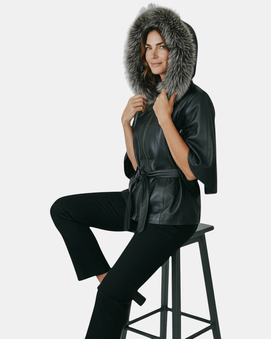 Symrna Women's Black Genuine Leather Jacket with Fur-Trimmed Hood – Full Length Front View – Hilda Leather Antalya Turkey