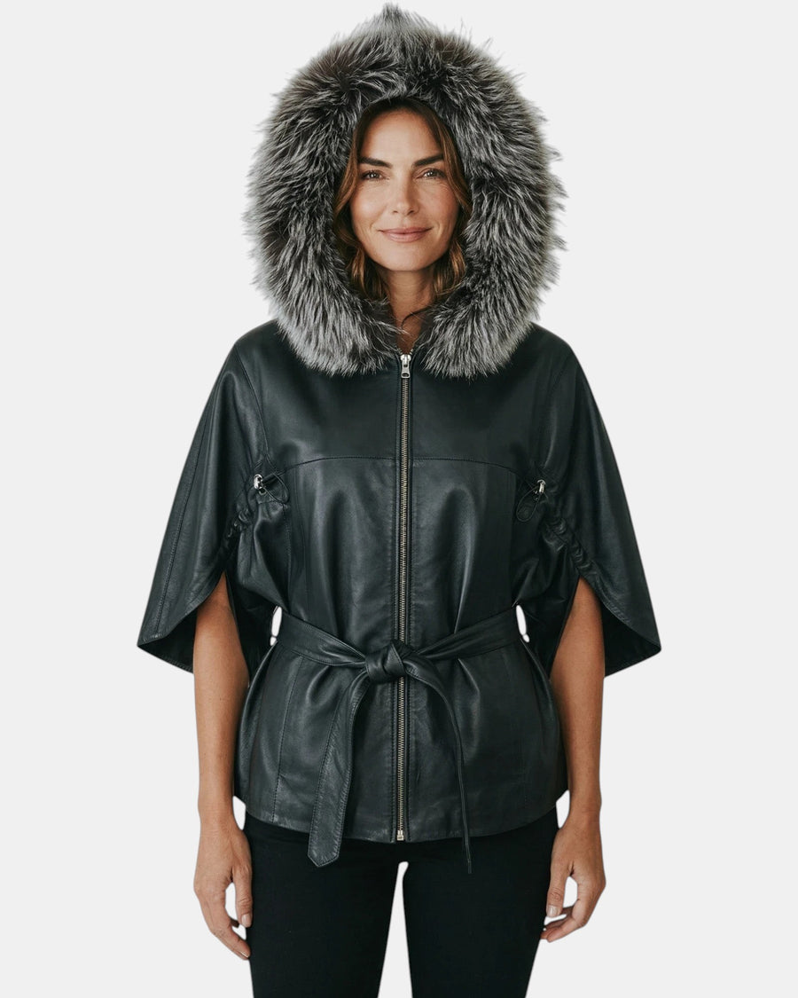 Symrna Women's Black Genuine Leather Jacket with Fur-Trimmed Hood – Front View – Hilda Leather Antalya Turkey