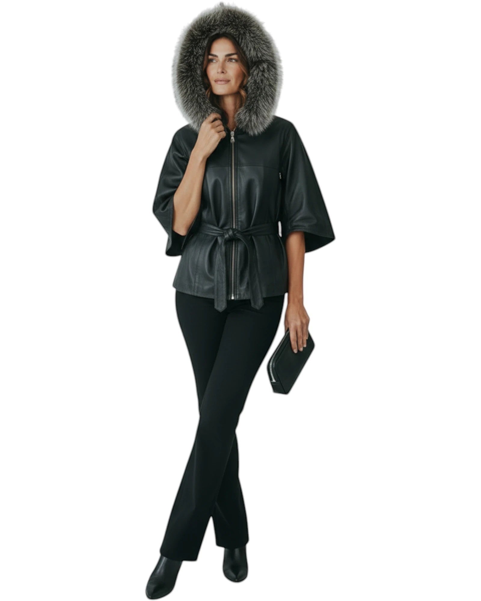 Hilda Leather black leather jacket with faux fur trimmed hood and tie waist, three-quarter sleeves.