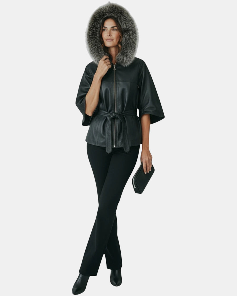 Symrna Women's Black Genuine Leather Jacket with Fur-Trimmed Hood – Tie Waist Detail – Hilda Leather Antalya Turkey