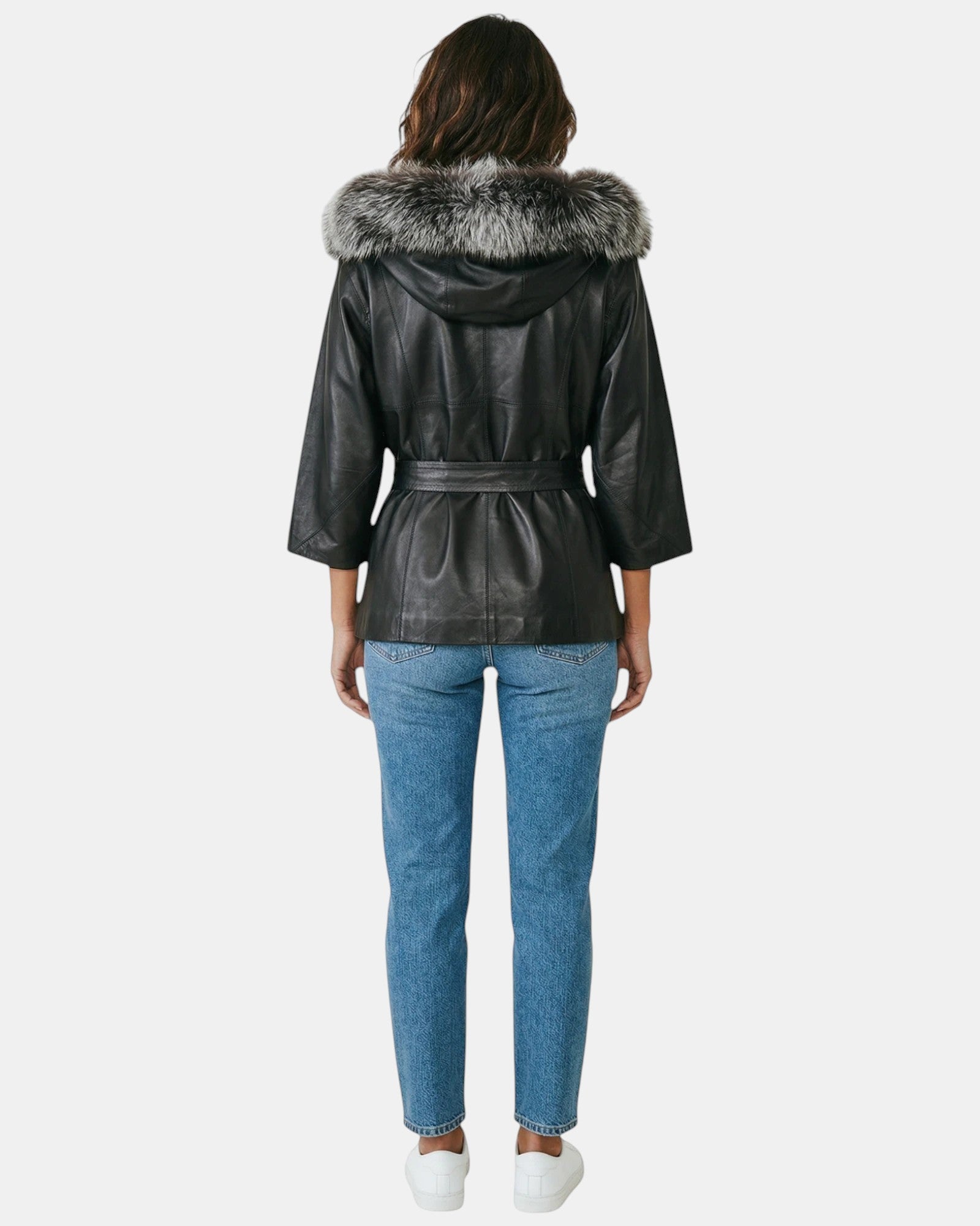 Symrna Women's Black Genuine Leather Jacket with Fur-Trimmed Hood – Full Length Back View – Hilda Leather Antalya Turkey